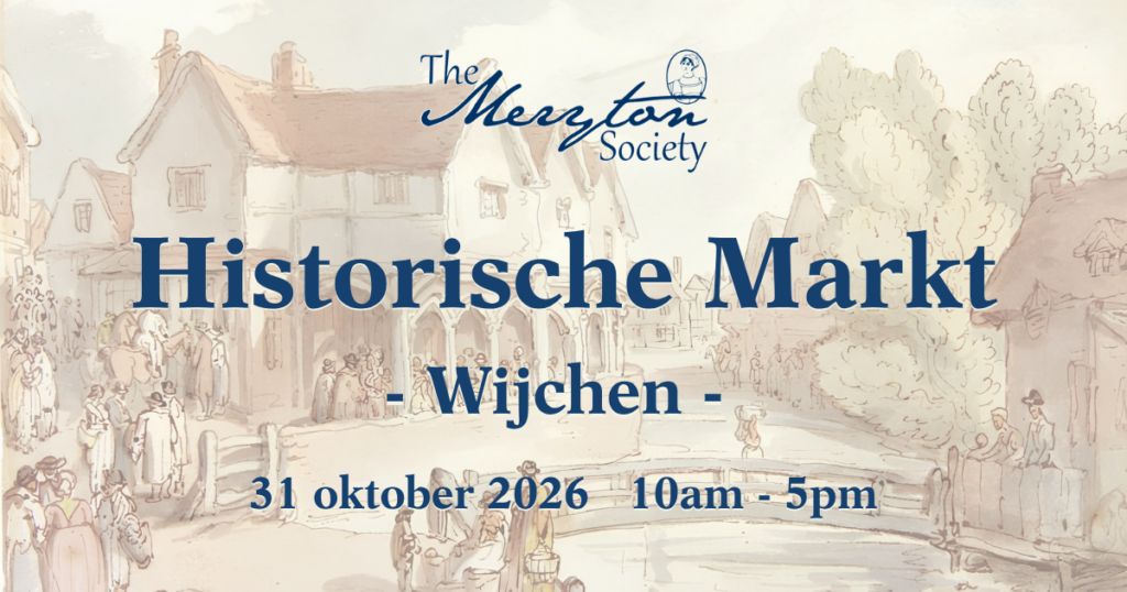 Banner van het event met de tekst "Historische markt, Wijchen, 31 oktober 2026 10.00-17.00, op achtergrond een schets van een dorpje als Meryton